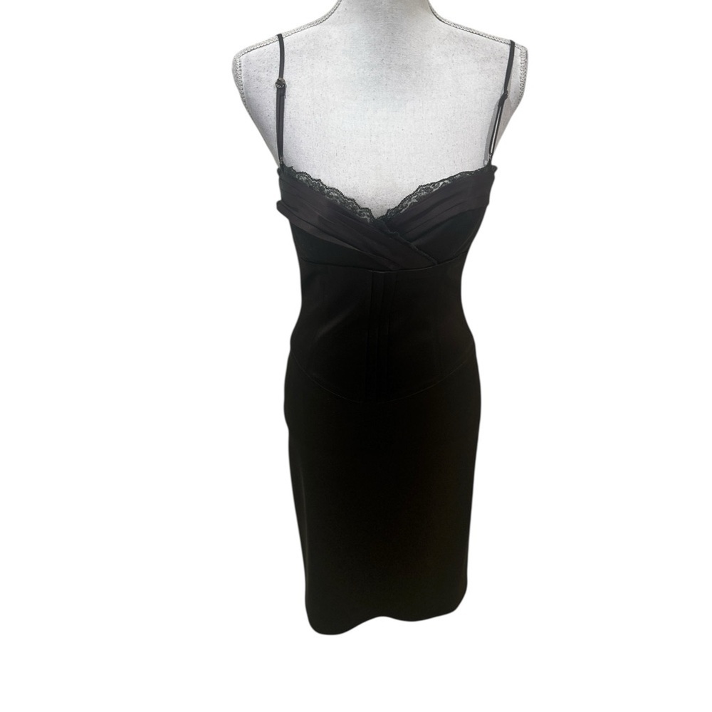 Laundry by Design brown satin Black lace corset bodycon Dress spaghetti strap 4